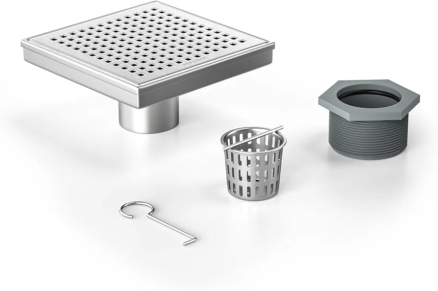 Square Shower Drain 6", 304 Stainless Steel Floor Drain w/Hair Strainer, Grid Shower Drain w/CUPC Certified, Brushed