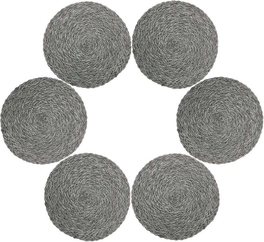 Topotdor Round Placemats Heat-Resistant Stain Resistant Anti-Skid Washable Polyproplene Table Mats Placemats (Set of 6, Braided-Gray)