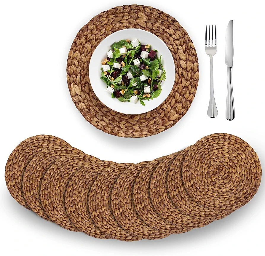 (4 Sizes: 12"-13"-14"-15") BARIEN Brown Woven Placemats Round Set of 10, Natural Water Hyacinth Weave Placemat for Dining Table, Large Handmade Woven Placemats Heat Resistant Non-Slip (14" - Set 10)