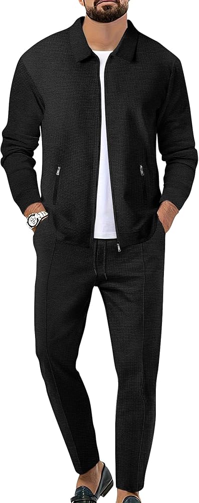 Men's Waffle Tracksuit 2 Pieces Set Casual Long Sleeve Zip Up Sweatsuits Solid Athletic Jogging Suit Sets