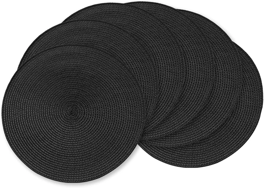 AHHFSMEI Round Braided Placemats 15 Inch Round Table Mats for Dining Tables Washable Woven Heat Resistant Place mats Set of 6 (Black)