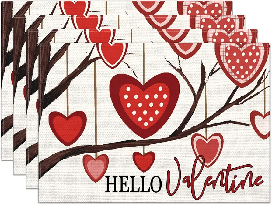 Hello Valentine Placemats Placemat Set of 4, 12x18 Inch Love Hearts Tree Heat-Resistant Table Mats Anniversary Wedding Table Decors for Farmhouse Kitchen Dining Party