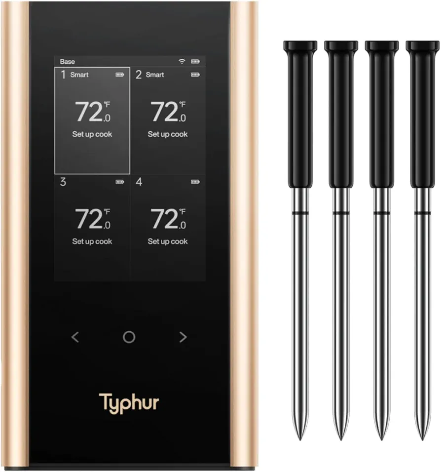 SYNC Gold Wireless Meat Thermometer | Four Slim Probes | 10x Stronger Signal Than Bluetooth | Reliable Readings Through Closed Smoker, Kamado Grill, BBQ, and Tough Obstacles | Easy-to-Use Base