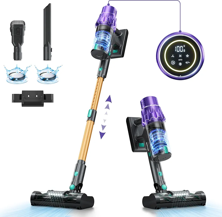 Cordless Vacuum Cleaner, Vacuum Cleaners for Home 560W 45Kpa Powerful Suction with LED Touch Display, Rechargeable Stick Vacuum, Self-Standing Vacuum, Handheld Vacuum for Carpet, Hard Floors, Pet Hair