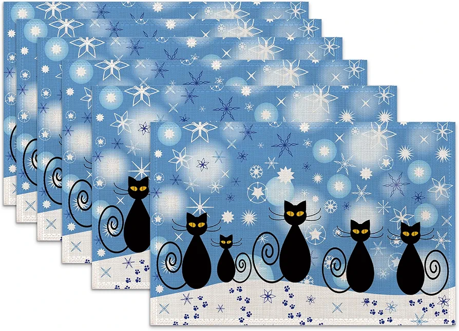 Christmas Linen Placemats Set of 6,12x18 Inch Black Cat Snowflake Washable Table Mats Heat Resistant Place Mats for Home Party Kitchen Dining Decoration