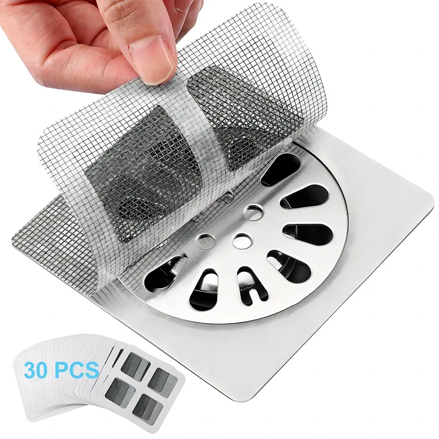 Disposable Shower Drain Cover Hair Catcher 4" X 4" Mesh Stickers for Bathroom, Laundry, Bathtub, Kitchen, and Sink (30)