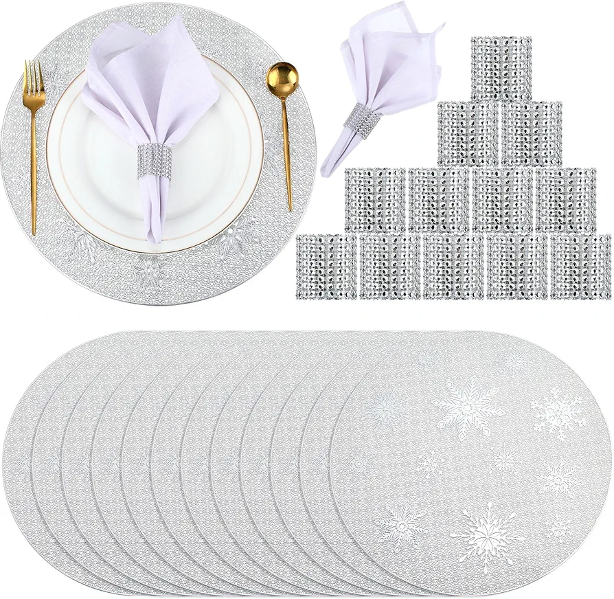 Tioncy 12 Pcs Winter Snowflake Round Silver Placemats and 12 Pcs Napkin Rings PVC Winter Place Mats Heat Resistant Table Mats Non Slip Washable Placemats for Kitchen Dinner Holiday Wedding Party