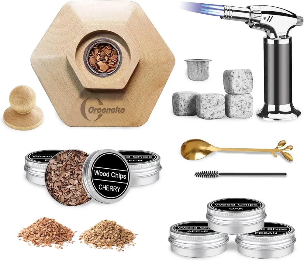 Cocktail Smoker Kit with Torch,Old Fashioned Smoker Kit with 6 Flavour Wood Chips and 4 Ice Cube Whiskey Stone for Bar Lovers,Father,Husband gift (Butane Not Included)