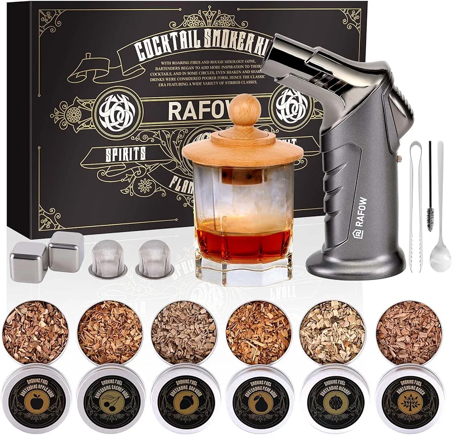 Cocktail Smoker Kit with Torch: Whiskey Smoker Kit with 6 Flavors Smoked Wood Chips - Old Fashioned Drink Smoker Infuser Kit for Bourbon, Whisky Smoking Gifts Box Smoke Set for Men(Without Butane)