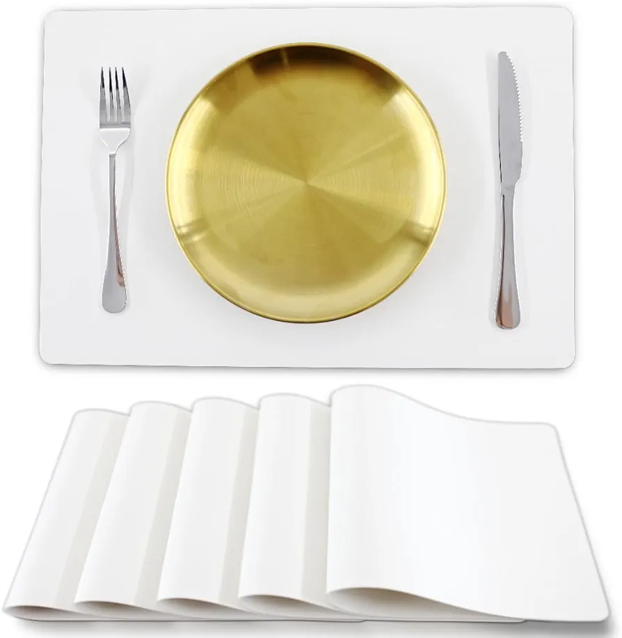 White Faux Leather Placemats Set of 6, Leather Heat Resistant Placemats Set Waterproof Wipeable Washable PU Table Mats, Easy Clean Non-Slip Place Mats (White-Rectangular)