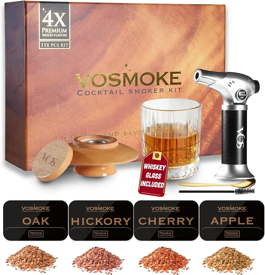 Premium Cocktail Smoker Kit - Complete Drink Smoker Set with Torch Four Wood Flavors in Elegant Gift Box