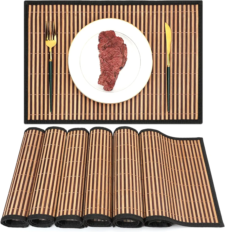 Pickmesh Placemats Set of 6, Bamboo Table Mats Set with Fabric Border,18'' x 12'' Bamboo Placemats, Japanese Style, Washable Heat Resistant Place Mats for Kitchen and Dining Room