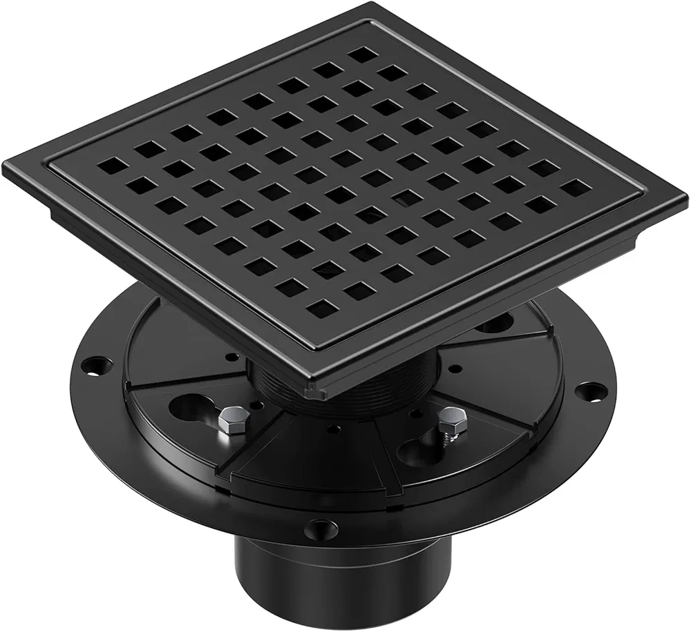 6 Inch Black Shower Drain Square with Flange Removable Quadrato Grid Pattern, Brushed 304 Stainless Steel, Includes Floor Drain Base Hair Strainer, Watermark&CUPC Certified, Matte Black