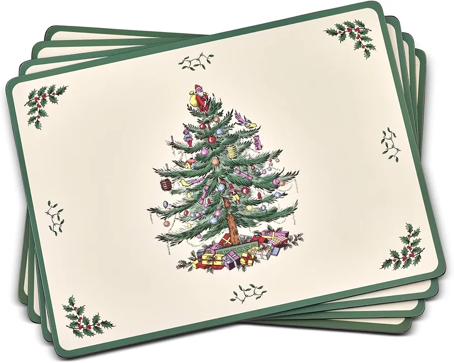 Spode Christmas Tree Placemats, Set of 4 - Cork-Backed Heat Resistant Placemats for Dining Table - Hard Board with Christmas Tree Design, Stain Resistant and Durable (15.7" x 11.7")