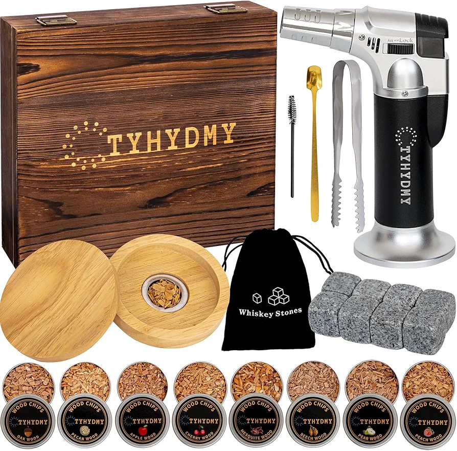 Cocktail Smoker Kit with Torch – 8 Flavors Wood Chips Old Fashioned Whiskey Smoker Infuser Kit for Cocktail Whiskey Bourbon – Presents for Boyfriend Husband Father (Without Butane)