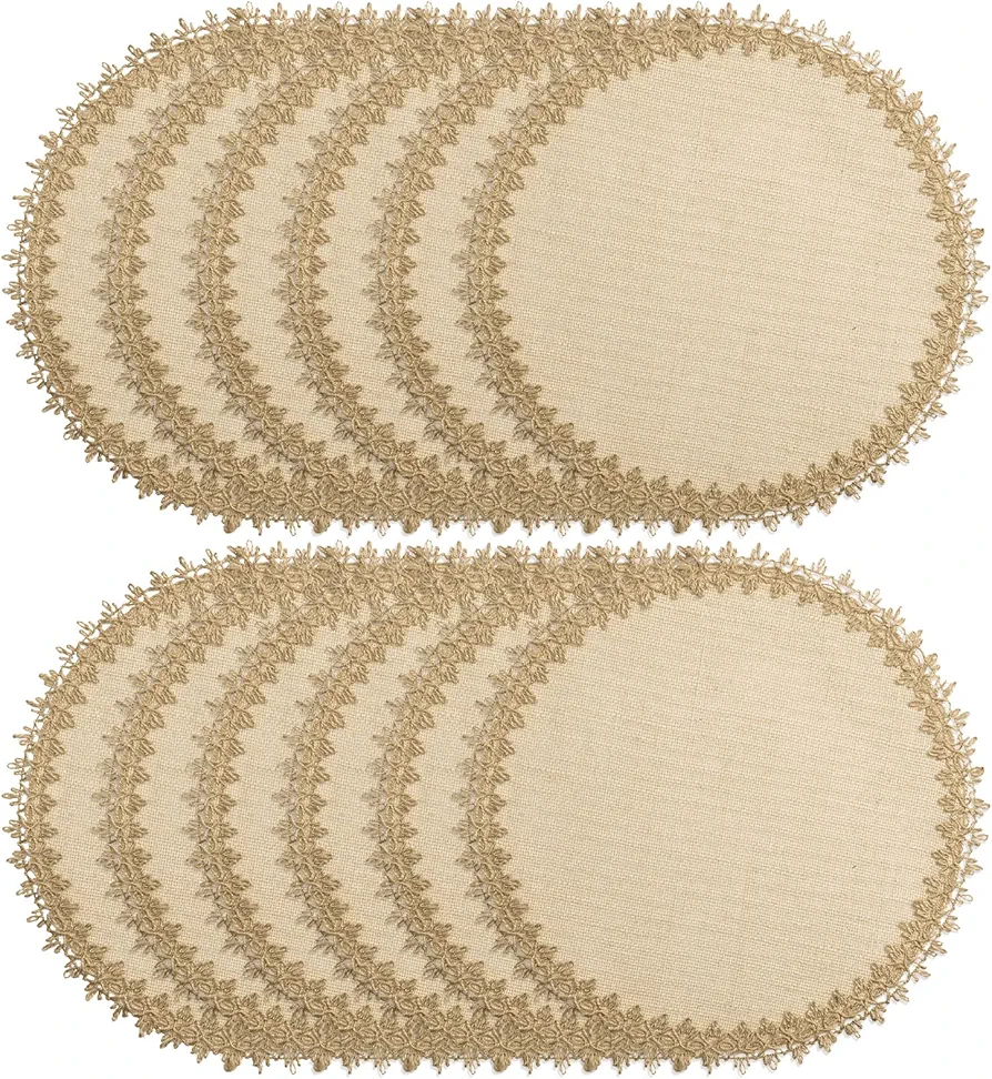 FunWheat Burlap Round Braided Placemats Set of 12 for Dining Tables 15 Inch Heat Resistant Jute Table Mats Farmhouse Woven Fabric Natural Place mats for Fall Decoration(Jute Lace)