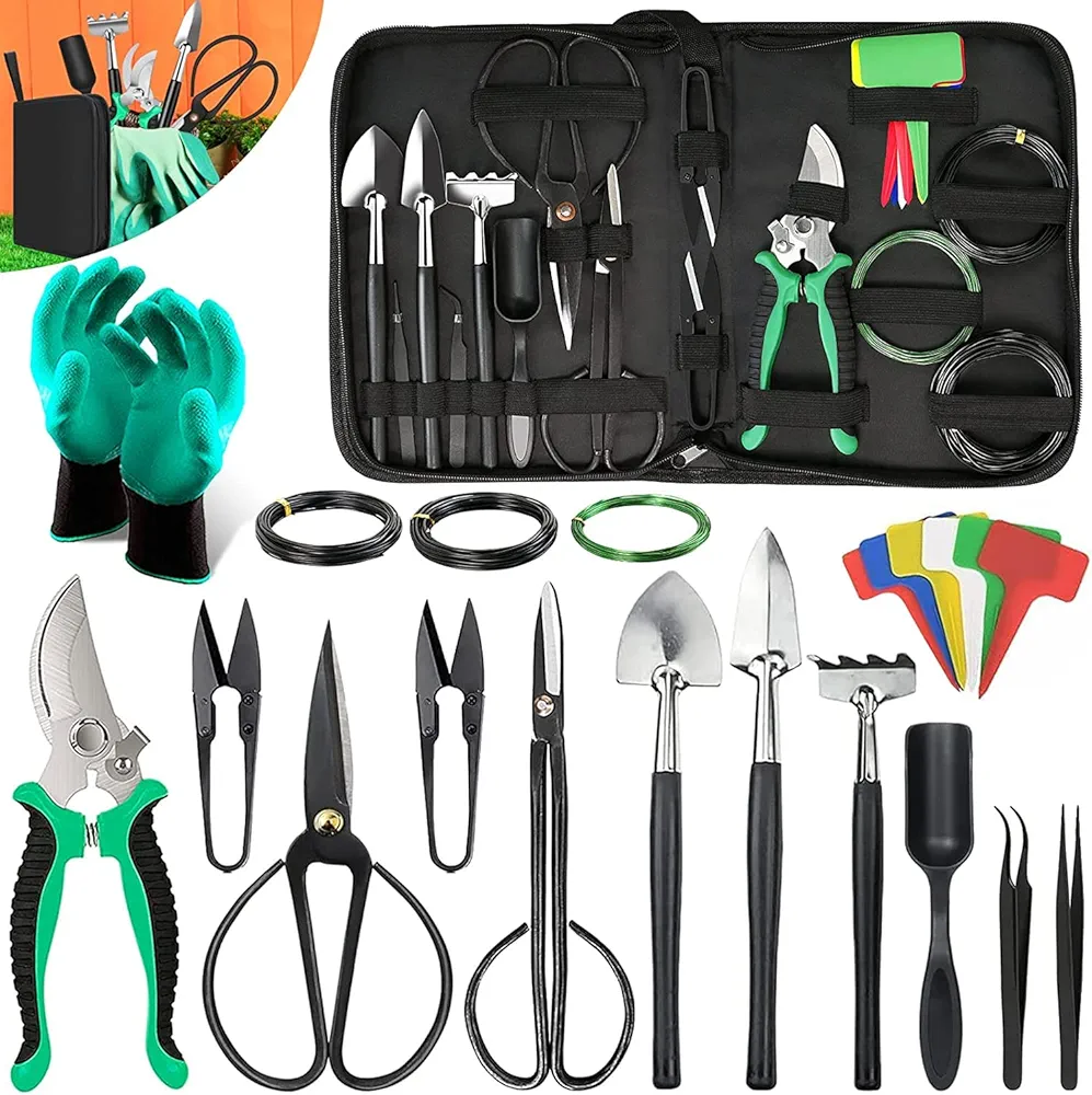 Bonsai Tools Kit- 24 PCS Bonsai Tree Kit Tools for Beginners, Bonsai Tool Set Bonsai Starter Trimming Care Kit Include Pruning Shears, Scissors, PU Leather Bag, Bonsai Pruning Kit for Women & Men