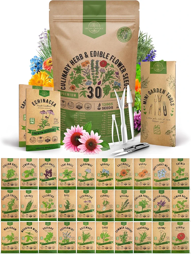 Organo Republic 30 Culinary Herbs & Edible Flower Seeds Variety Pack- Indoor/Outdoor. 14000+ Non-GMO Heirloom Flower Seeds: Basil, Borage, Echinacea, Lavender, Oregano, Rosemary Seeds & More