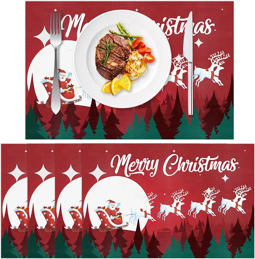 Christmas Placemats Set of 4, Faux Leather Placemats Heat Resistant, 11"x17" Red Christmas Table Mats Santa&Reindeer Printed, Waterproof Wipeable Washable Anti-Slip Place Mats Xmas Party Dining Decor