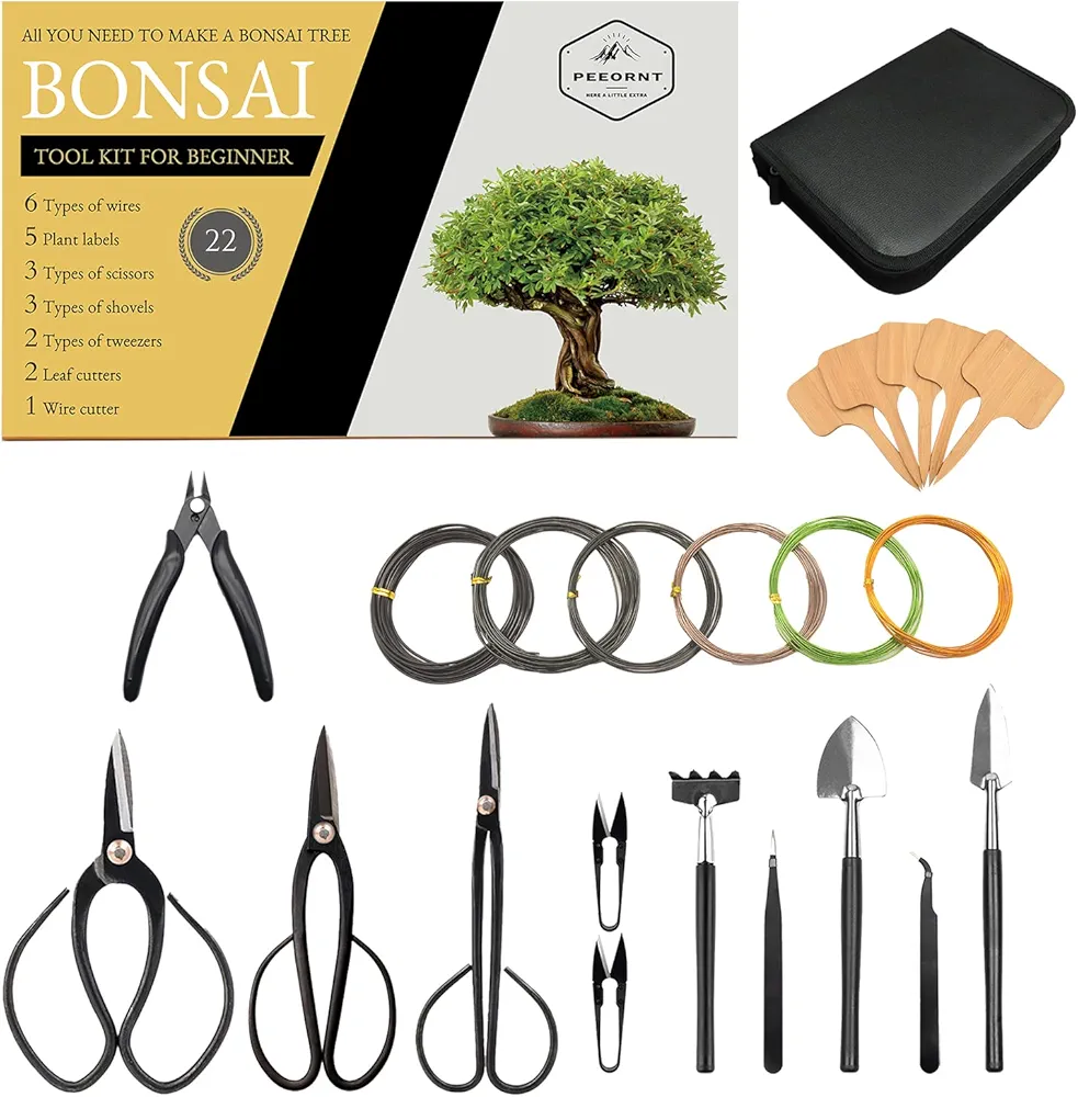 Bonsai Tree Tools Kit, 22 PCs Bonsai Tools Set High Carbon Steel Trimming Tools Set Include Pruning Shears, Cutters, Training Wires, Bonsai Grooming Care Kit for Beginner Gardening Gifts