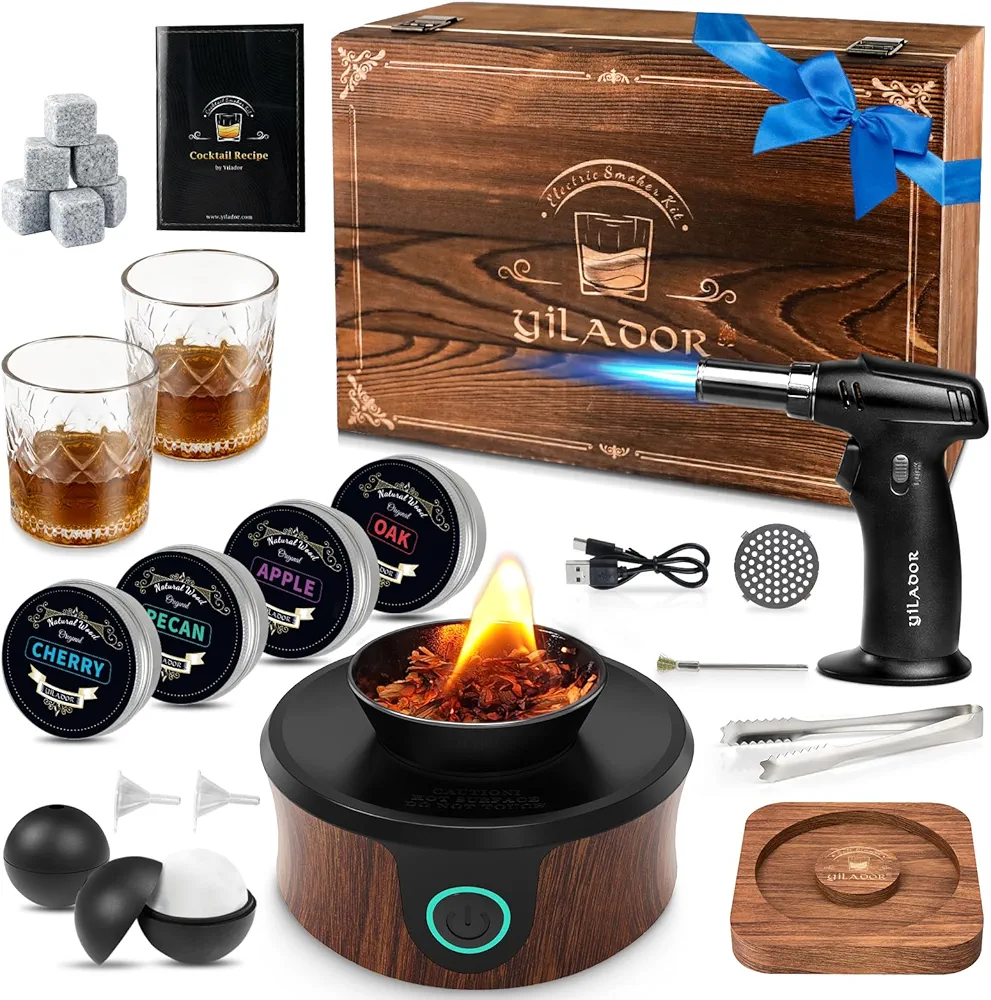 Electric Whiskey Smoker Kit with Torch, Luxurious Wooden Box, 4 Wood Chips, Ice Molds, Recipe, Stones, Salt Rimmer, Old Fashioned Bourbon Cocktails Smoker, Gifts for Men, Dad(Without Butane)