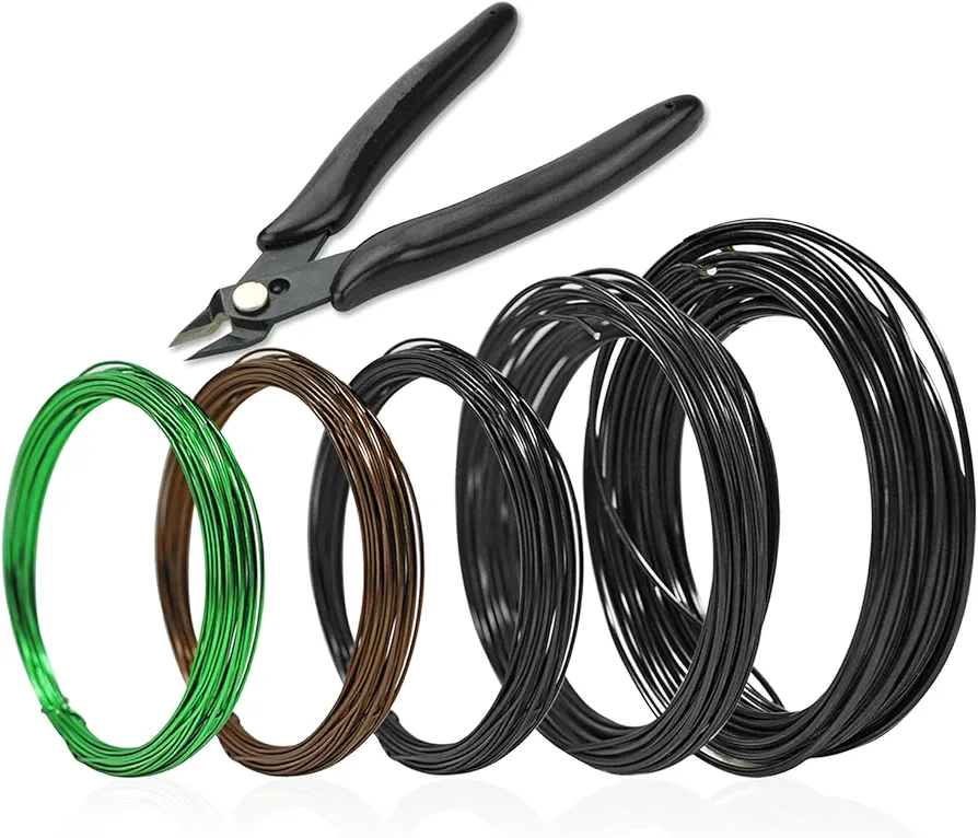 Bonsai Wire and Bonsai Tool Kit - 5 Roll Tree Training Wires 164 Feet Total with Bonsai Wire Cutter，Anodized Aluminum Wire 1mm/1.5mm/2.0 mm Training Wire，for Bonzai Trees Indoor