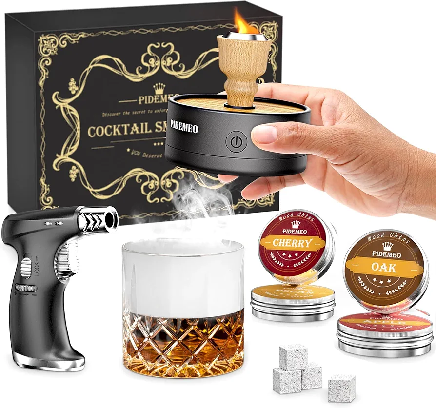 Whiskey Smoker Kit with Torch - Electric Cocktail Smoker Kit with Wood Chips, Bourbon & Old Fashioned Smoker Infuser Set, Drink Smoker Gift for Men, Boyfriend, Husband, Dad (No Butane)