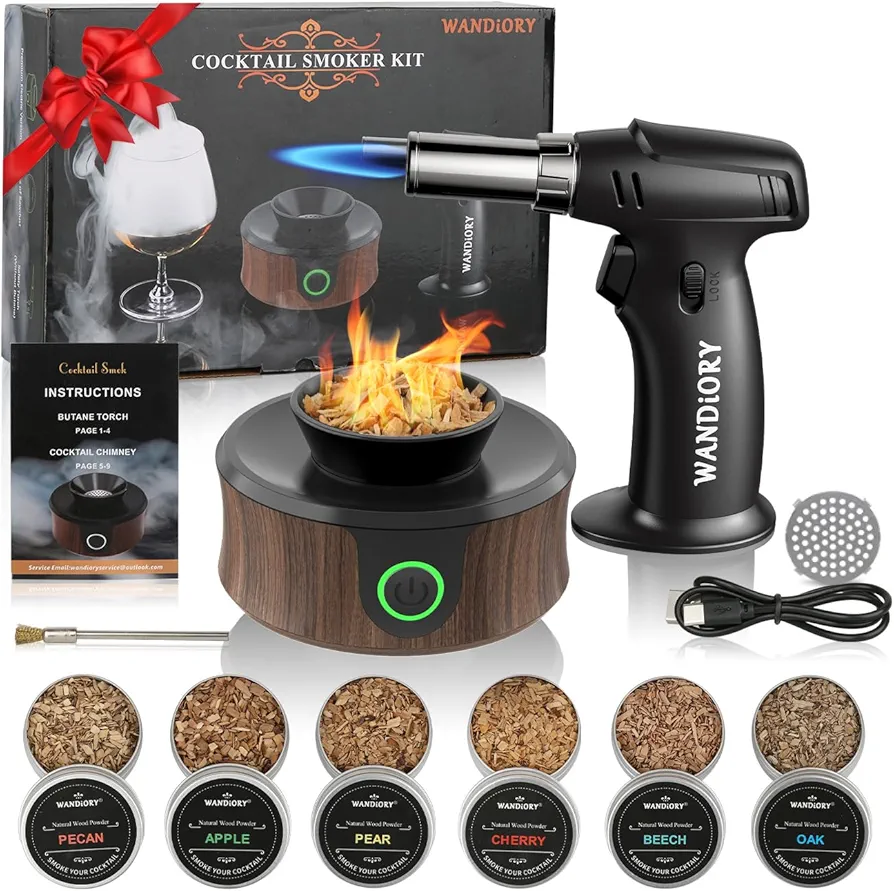 Electric Cocktail Smoker Kit with Torch – Enhance Your Drink's Aroma with 6 Flavorful Wood Chips | Old Fashioned Smoker for Whiskey & Cocktails | Gift for Drink Lovers (Butane Not Included)