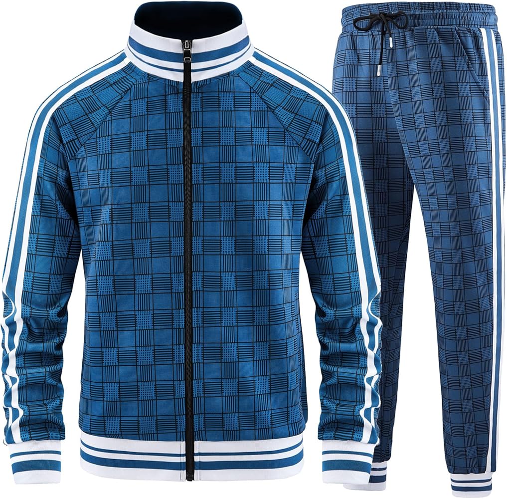 Men Tracksuits Full-zip Long Sleeve Plaid Track Jackets and Pants 2 Piece