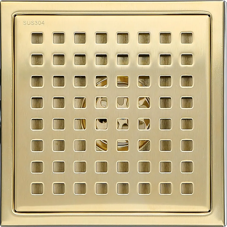 6 Inch Square Shower Floor Drain with Removable Cover Grid Grate,SUS304 Stainless Steel Brushed Gold Brass Finished,98738BG6.