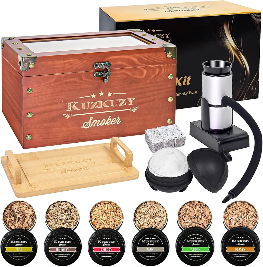 Cocktail Smoker Kit - Whiskey Smoker Kit with Smoking Gun, Smoker Box, 6 Flavors Wood Chips with Whiskey Stones & Ice Mold - Bourbon Old Fashioned Smoker Kit, Gifts for Men, Dad (Torch Not Required)