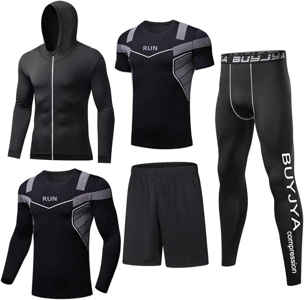 BUYJYA 5Pcs Men's Compression Pants Shirt Top Long Sleeve Jacket Athletic Sets Gym Clothing Mens Workout