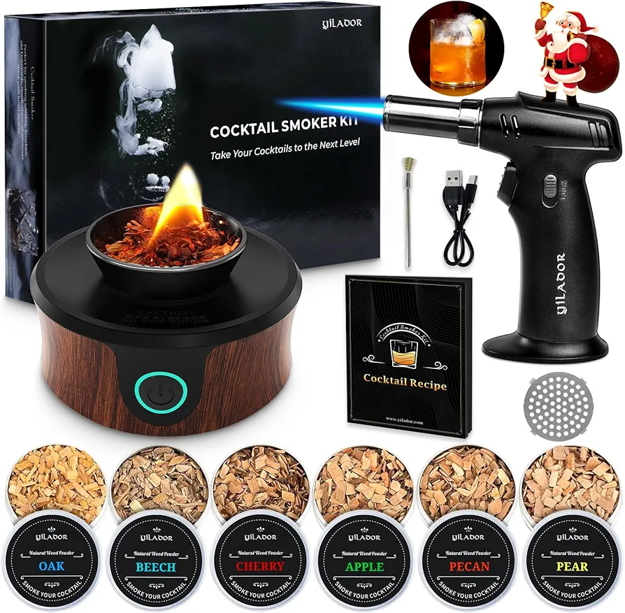 Electric Cocktail Smoker Kit with Torch, 6 Flavors Wood Chips, Premium Whiskey Smoker Infuser Kit for Old Fashioned Bourbon Drinks & Cocktail Lovers, Ideal Gift for Him (Without Butane)