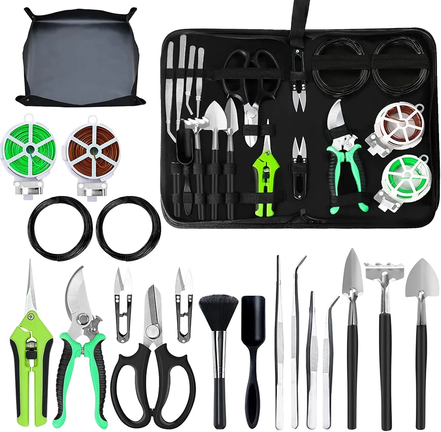 Bonsai Tree Kit, 20 Pcs Gardening Succulent Tools Set, Bonsai Tool Kit Include 262 Feet Bonsai Wire, 29.5"x29.5" Plant Repotting Mat, Bonsai Scissors, Pruning Shears, Unique Gift for Indoor Gardening