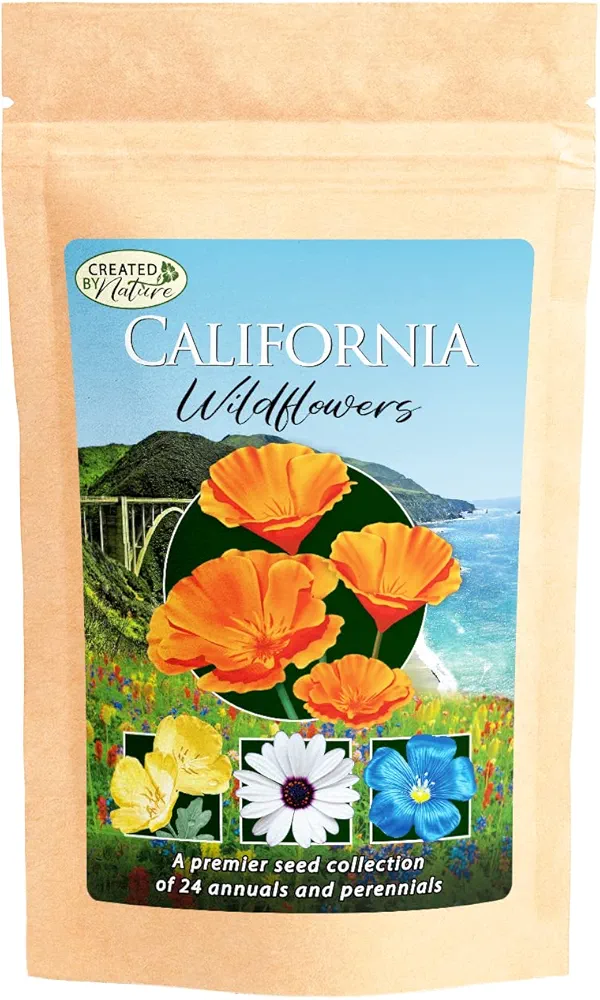 California Wildflower Seed Mix, Covers 325 Sq Ft, 22 Flower Varieties, Over 54,000 Seeds - Created By Nature