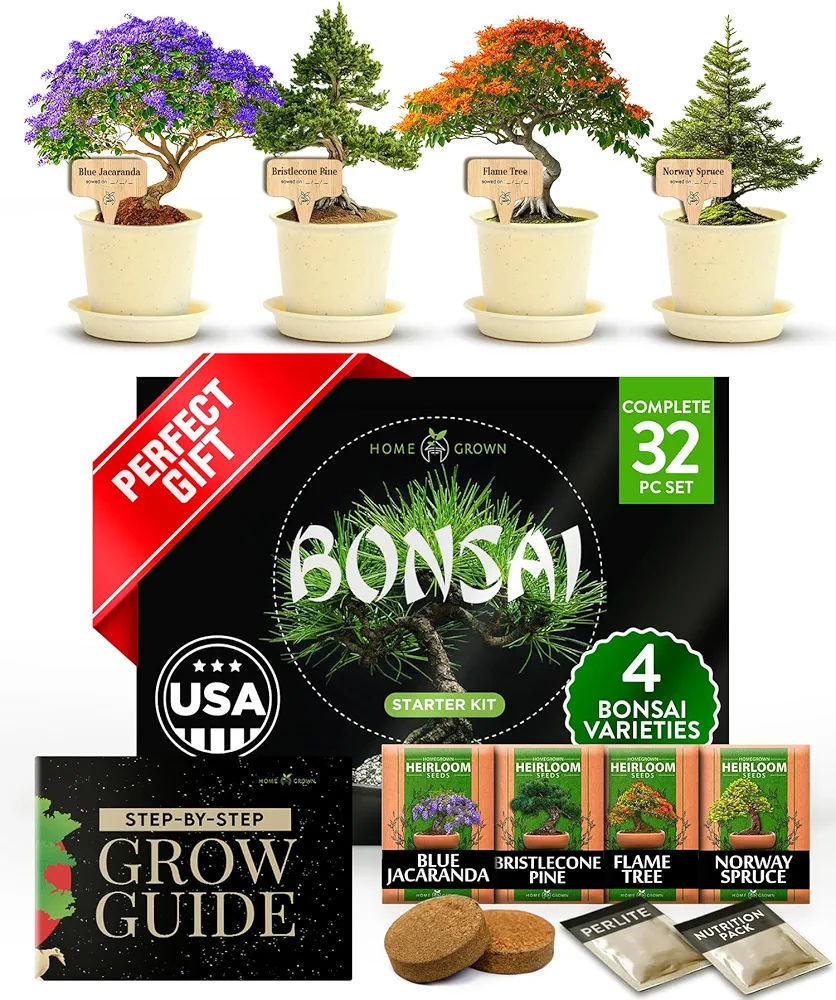 HOME GROWN Bonsai Tree Kit, Grow Your Own: Premium 4 Bonsai Trees Starter Kit | Unique Japanese Gardening Gift for Moms, Women, Men, Beginners & Gardeners | Creative Crafts for Adults BK1-2nd-MF