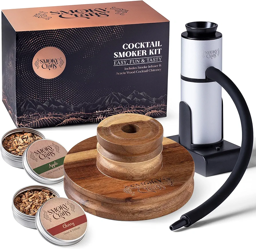 Acacia Whiskey Smoker Kit with Smoke Gun for Cocktails and Wood Chips (Apple & Cherry) - Cocktail Smoker Kit – Drink Smoker Infuser Kit (Torch Not Required)