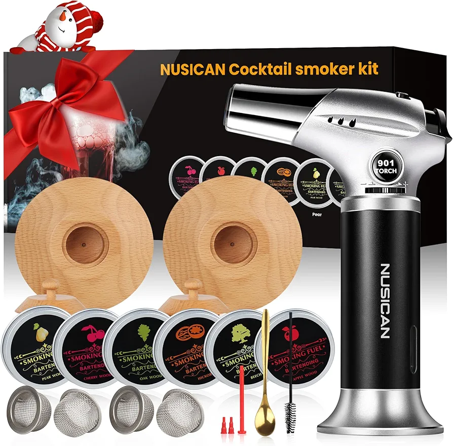 Cocktail Smoker Kit with Torch, 6 Flavors Wood Chips for Whiskey and Bourbon, Old Fashioned Smoker Kit for Infused Cocktail, Cheese, Salad and Meats, Gifts for Men, Dad and Boyfriend (No Butane)