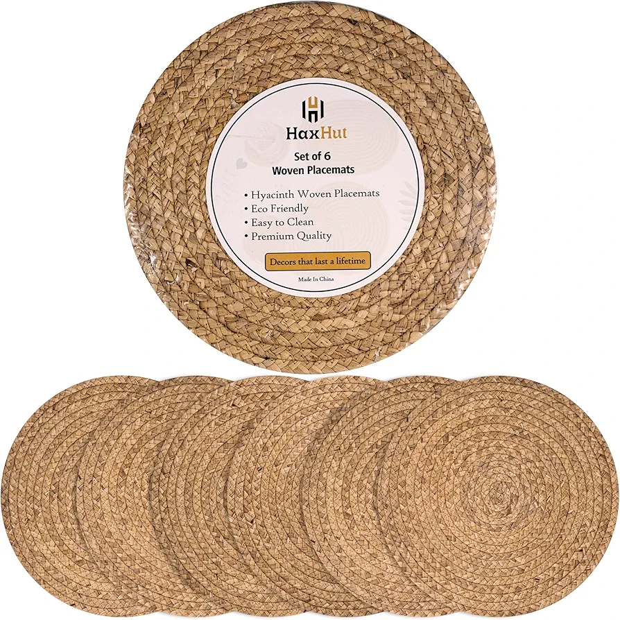 Woven Round Placemats - Natural Placemats Set of 6, Straw Braided Rattan Placemats, 13.5 Inches, Non-Slip, Heat Resistant Boho Placemats Set of 6, Hand Woven Placemat for Dining Table