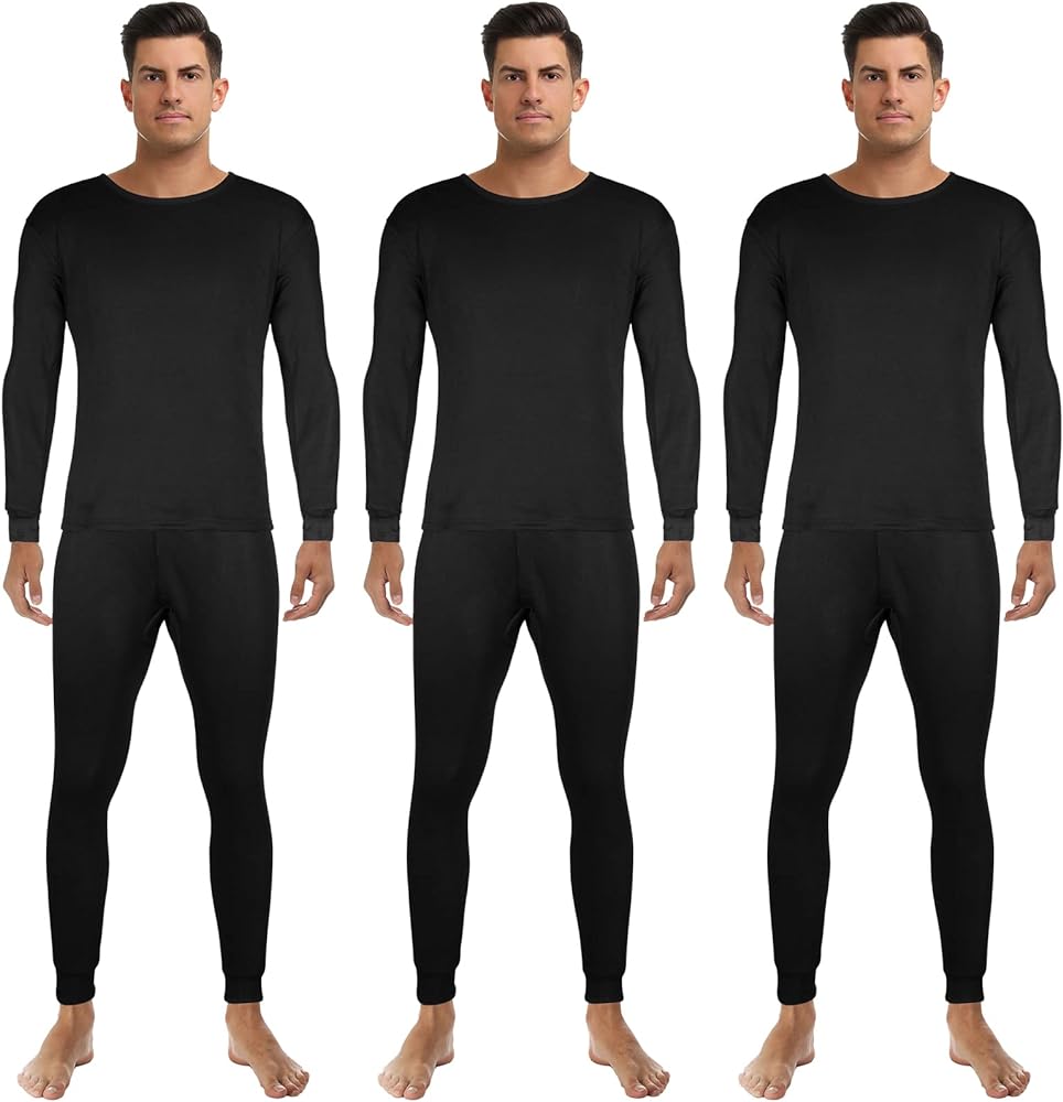 3 Sets Thermal Underwear for Men Soft Long Johns Base Layer Thermals Fleece Warm Lined Top Bottom for Winter Cold Weather