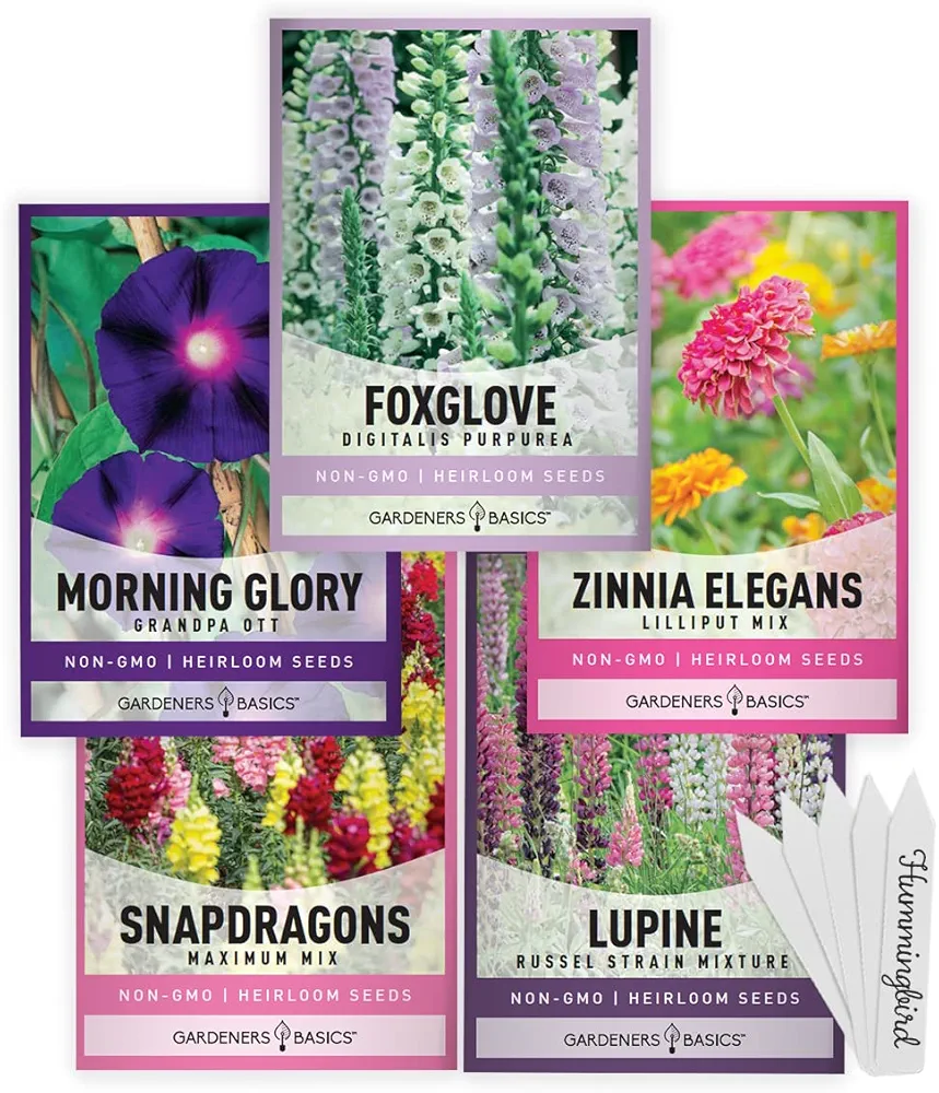 Gardeners Basics, Hummingbird Seeds for Planting Outdoors Flower Seeds (5 Variety Pack) Zinnia, Foxglove, Lupine, Morning Glory, Snapdragons Varieties for Bees, Pollinators Wildflower Seed