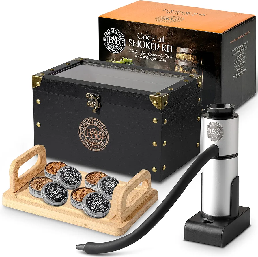 BOURBON & BARREL Cocktail Smoker Kit | Crafted with Walnut Wood | Whiskey Smoker Kit with Instant Smoker, Smoking Box, Food Tray and 4 Varieties of Wood Chips | Old Fashioned Drink Smoker Kit [Black]