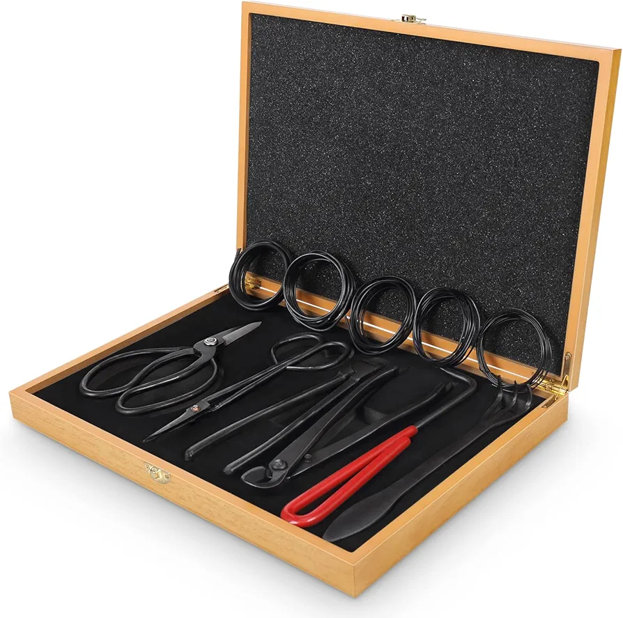 Bonsai Tools Set with Wood Box 12PCS Heavy Duty Bonsai Tree Kit, Trimming Scissor Shears, Concave Cutter, Wire Rolls, Wire Cutter and More, Gardening Bonsai Pruning & Care Kit