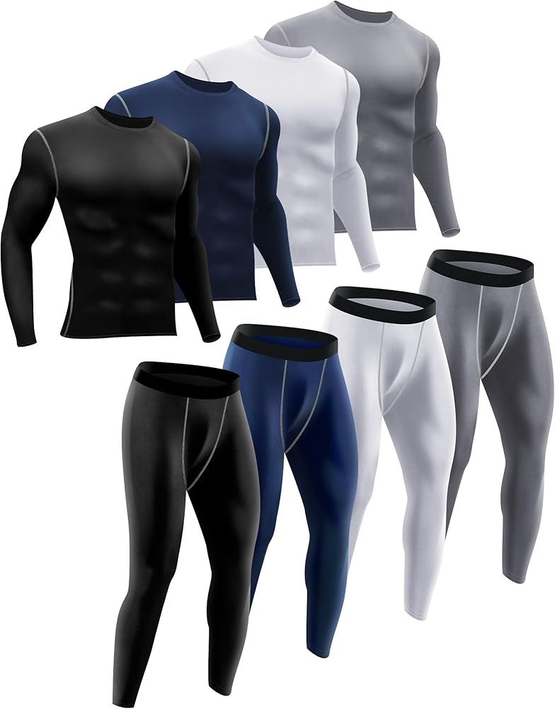 Liitrsh 4 Sets Thermal Underwear Set for Men Sport Long Underwear Fleece Lined Base Layer Quick Dry Top Bottom for Hunting