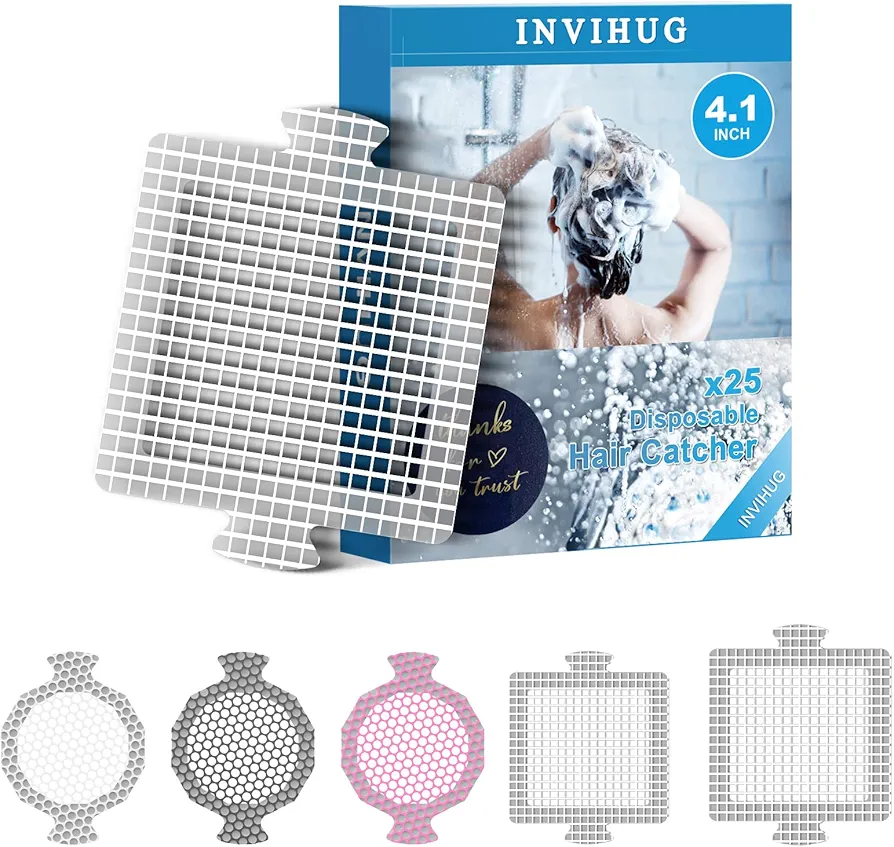 INVIHUG, 25 Pack, Disposable Shower Drain Hair Catcher Mesh Stickers, Disposable Hair Drain Catcher. (4.1inch Square)