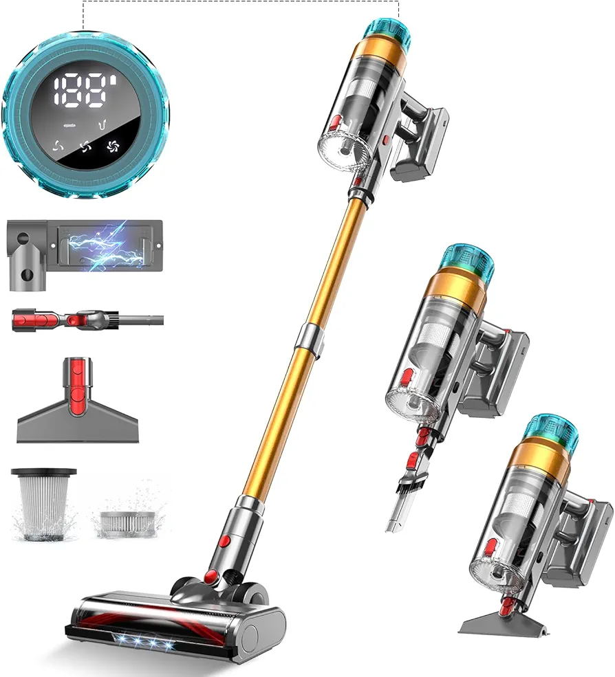 Cordless Vacuum Cleaner 600W 55Kpa Stick Vacuum,Up to 55Mins, Vacuum Cleaners for Home Rechargeable Wall Mount OLED Color Screen Anti-tangled Vacuum for Car,Hardwood Floor,Carpets,Pet Hair EHBL