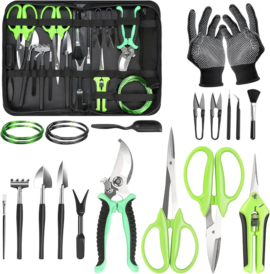 Bonsai Tool Kit, 21 Pcs Gardening Tools Set Include Garden Pruning Shears, Plant Trimming Scissors, Training Wire, Succulent Tool, Leather Bag Storage, Gardening Gifts for Women, Plant Lovers