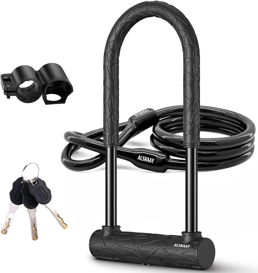 Heavy Duty Bike U Lock - Super Strong 12 Ton Shear, 20mm U Shape Lock Anti-Theft Silicone Covered Electric Scooter Lock Keyhole with Sliding Cover 4ft Steel Cable with Mounting Bracket and 3 Keys(L)