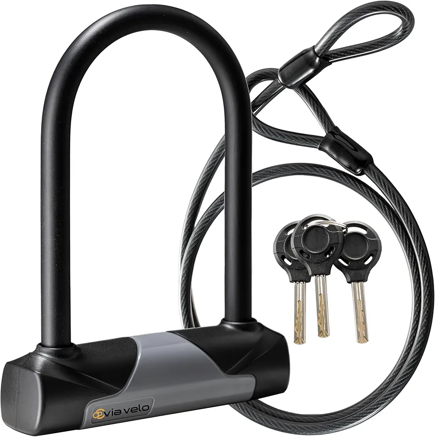 Via Velo Bike U-Lock with Cable, Heavy Duty Anti-Theft Bicycle U Locks with 8mm Braided Steel and 3 Keys, 4ft Length Security Cable for Bike, Scooter Mountain Road Bike