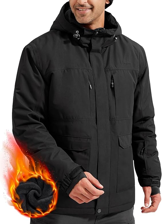 FREE SOLDIER Men's Waterproof Ski Jacket Fleece Lined Warm Winter Snow Coat with Hood Fully Taped Seams